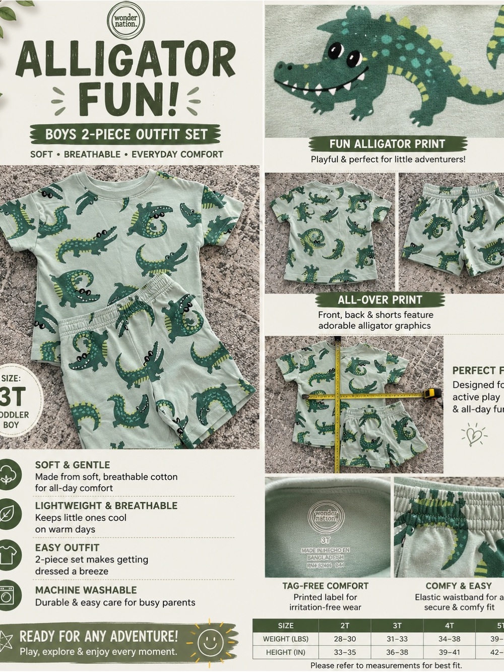 wonder nation Green Alligator Print Boys 2-Piece Matching Set
